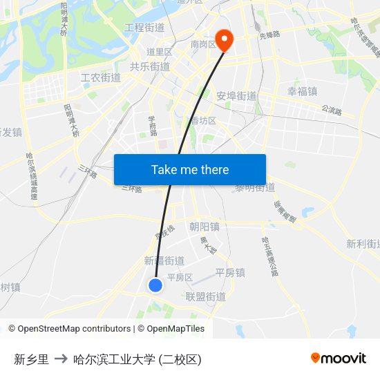 新乡里 to 哈尔滨工业大学 (二校区) map