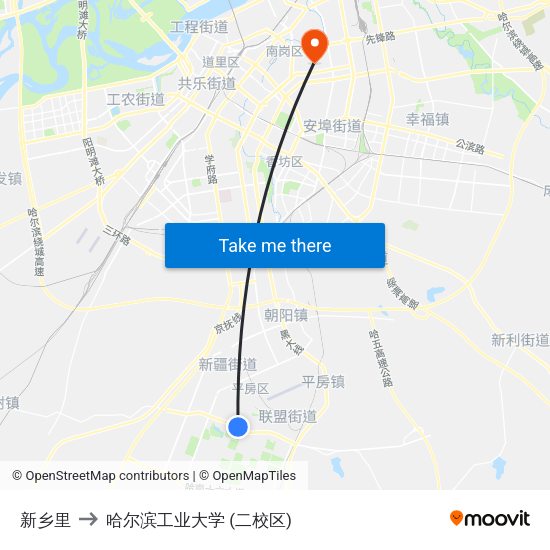 新乡里 to 哈尔滨工业大学 (二校区) map