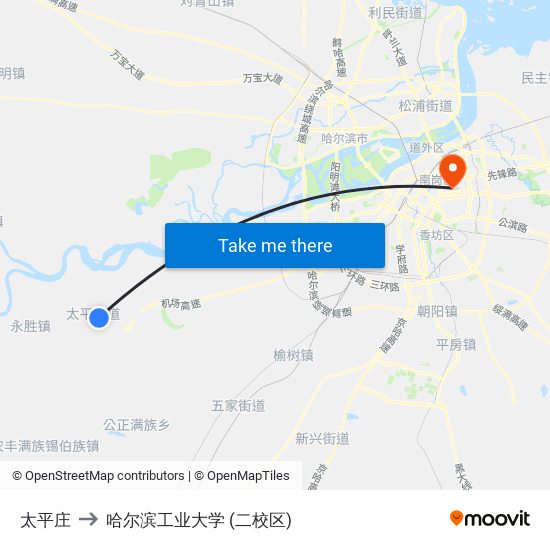 太平庄 to 哈尔滨工业大学 (二校区) map