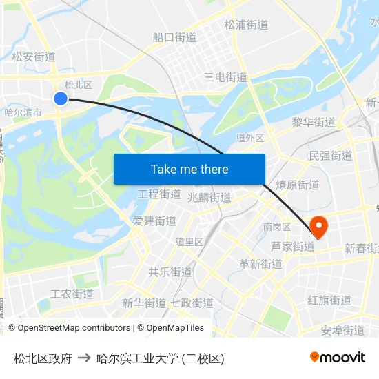 松北区政府 to 哈尔滨工业大学 (二校区) map