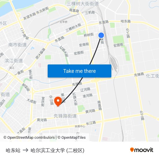 哈东站 to 哈尔滨工业大学 (二校区) map