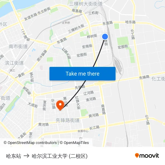 哈东站 to 哈尔滨工业大学 (二校区) map