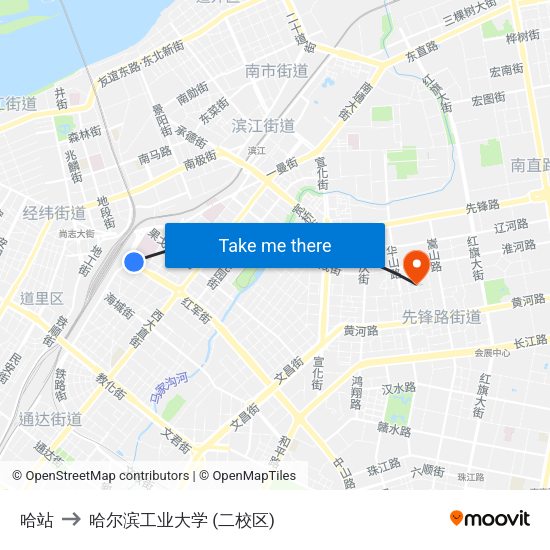 哈站 to 哈尔滨工业大学 (二校区) map