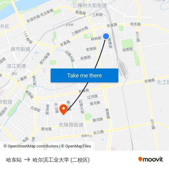 哈东站 to 哈尔滨工业大学 (二校区) map