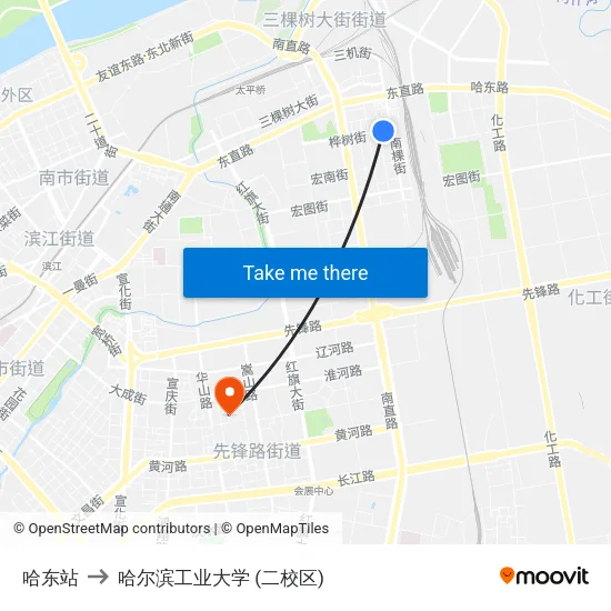 哈东站 to 哈尔滨工业大学 (二校区) map