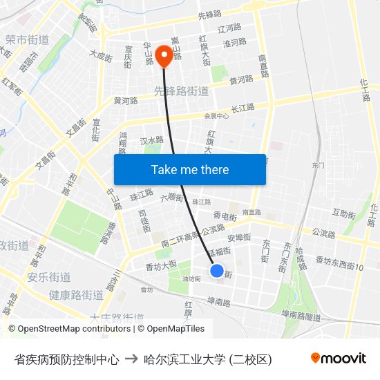 省疾病预防控制中心 to 哈尔滨工业大学 (二校区) map