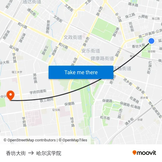 香坊大街 to 哈尔滨学院 map