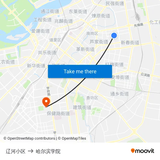 辽河小区 to 哈尔滨学院 map