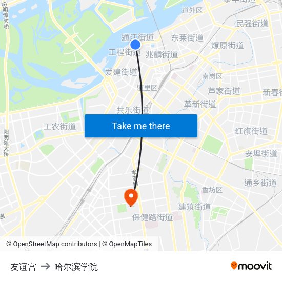 友谊宫 to 哈尔滨学院 map