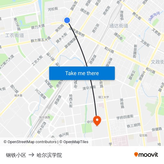 钢铁小区 to 哈尔滨学院 map