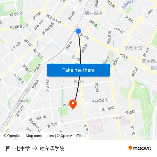四十七中学 to 哈尔滨学院 map
