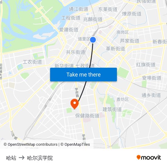 哈站 to 哈尔滨学院 map