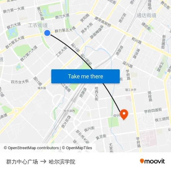 群力中心广场 to 哈尔滨学院 map