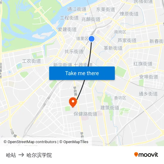 哈站 to 哈尔滨学院 map