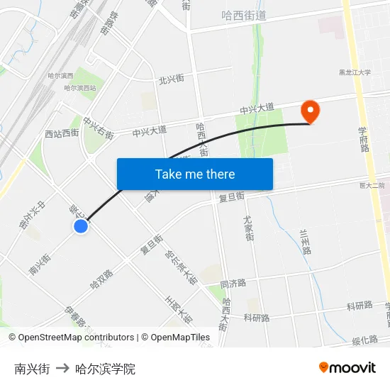 南兴街 to 哈尔滨学院 map