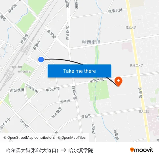 哈尔滨大街(和谐大道口) to 哈尔滨学院 map