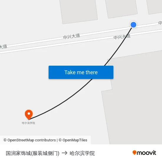 国润家饰城(服装城侧门) to 哈尔滨学院 map