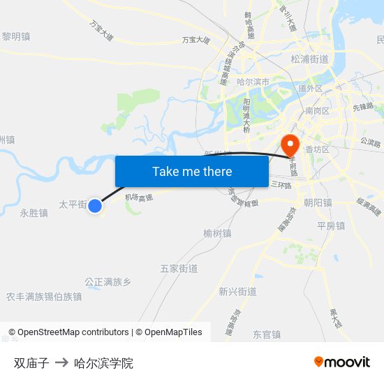 双庙子 to 哈尔滨学院 map