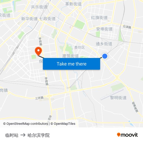 临时站 to 哈尔滨学院 map