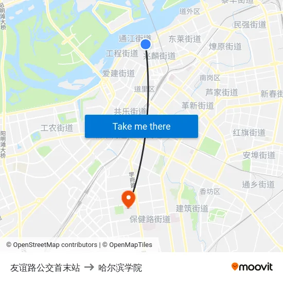友谊路公交首末站 to 哈尔滨学院 map