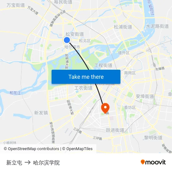 新立屯 to 哈尔滨学院 map