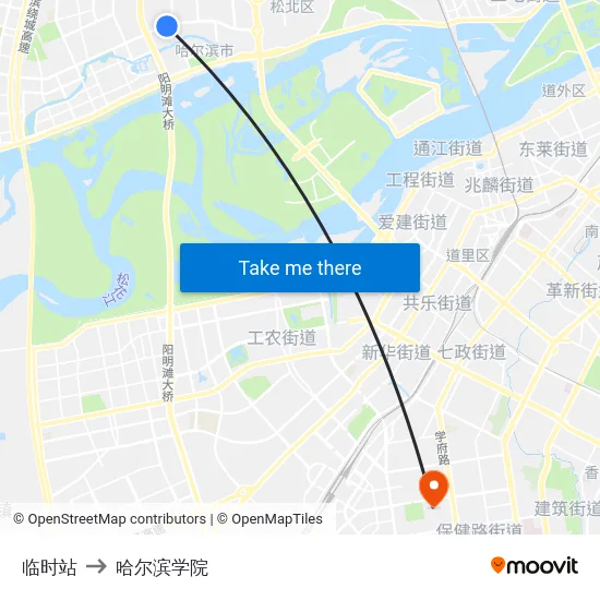 临时站 to 哈尔滨学院 map