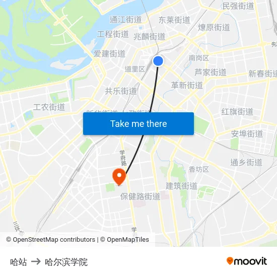 哈站 to 哈尔滨学院 map