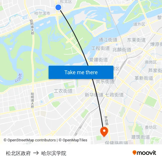 松北区政府 to 哈尔滨学院 map