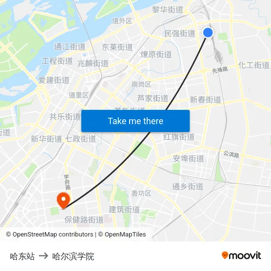 哈东站 to 哈尔滨学院 map