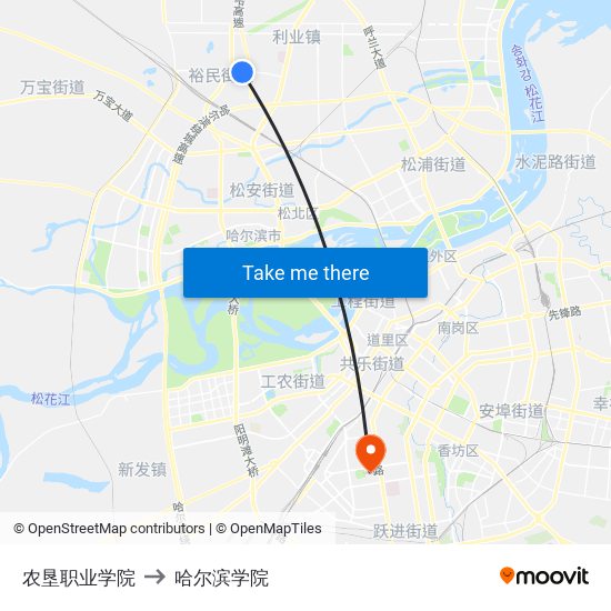 农垦职业学院 to 哈尔滨学院 map