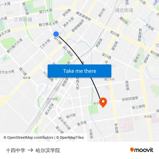 十四中学 to 哈尔滨学院 map