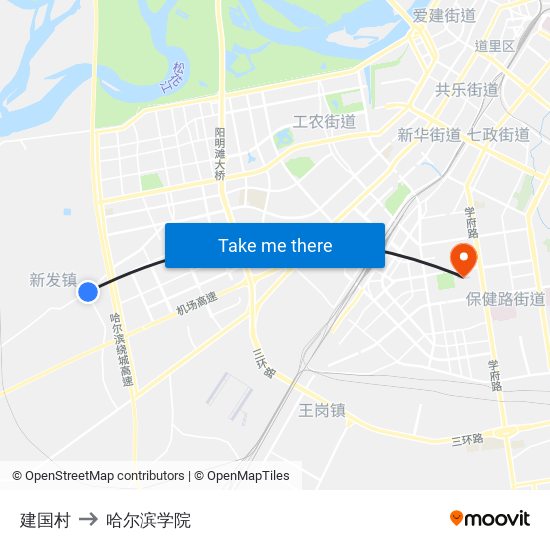 建国村 to 哈尔滨学院 map