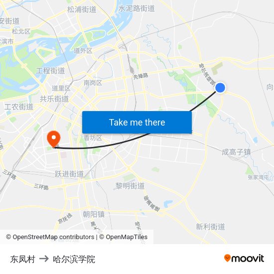 东凤村 to 哈尔滨学院 map