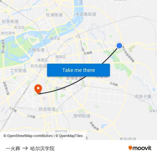 一火葬 to 哈尔滨学院 map