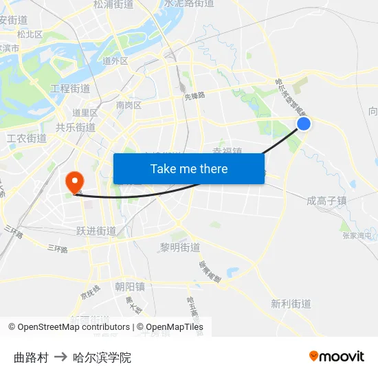 曲路村 to 哈尔滨学院 map