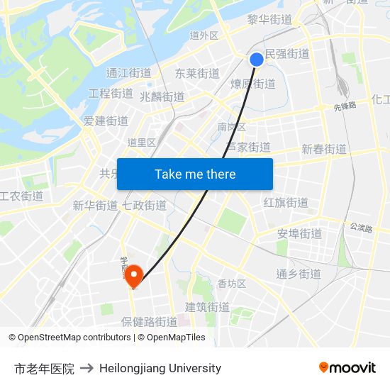 市老年医院 to Heilongjiang University map