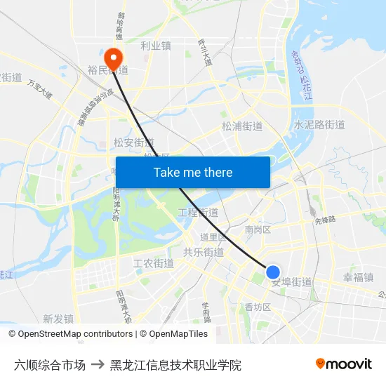 六顺综合市场 to 黑龙江信息技术职业学院 map