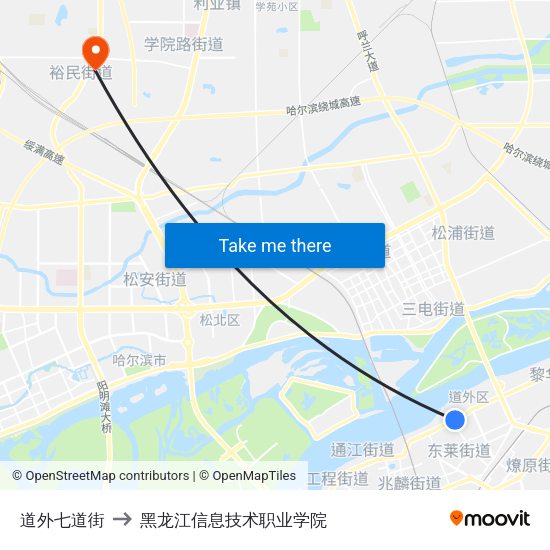 道外七道街 to 黑龙江信息技术职业学院 map