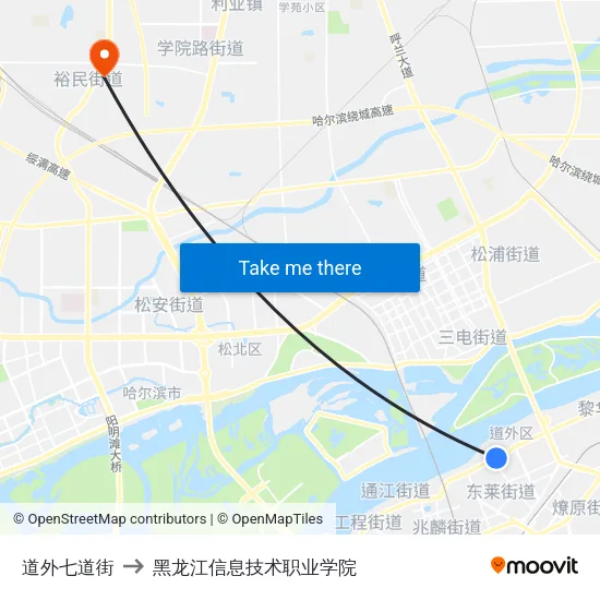 道外七道街 to 黑龙江信息技术职业学院 map