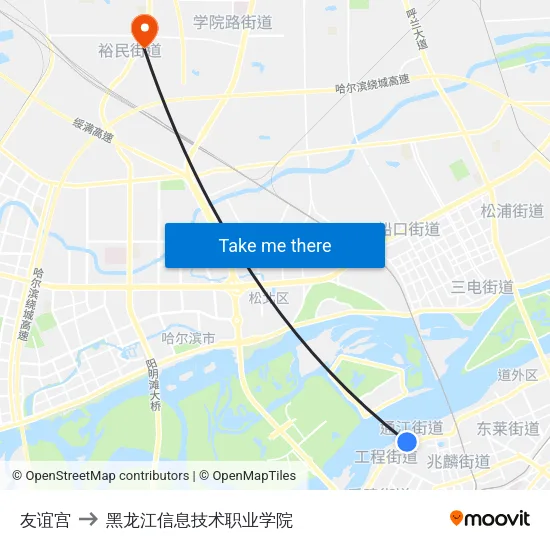 友谊宫 to 黑龙江信息技术职业学院 map