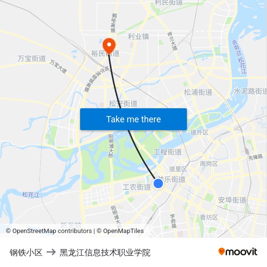 钢铁小区 to 黑龙江信息技术职业学院 map