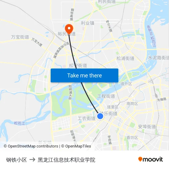 钢铁小区 to 黑龙江信息技术职业学院 map