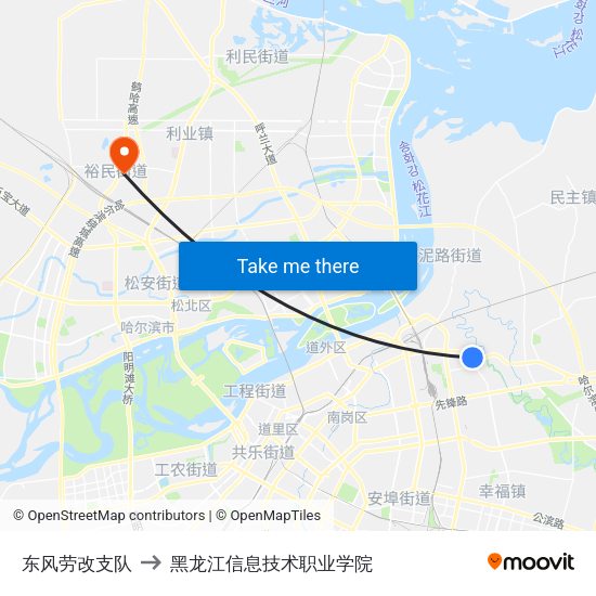 东风劳改支队 to 黑龙江信息技术职业学院 map