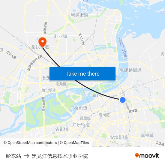 哈东站 to 黑龙江信息技术职业学院 map