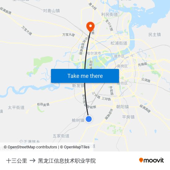 十三公里 to 黑龙江信息技术职业学院 map