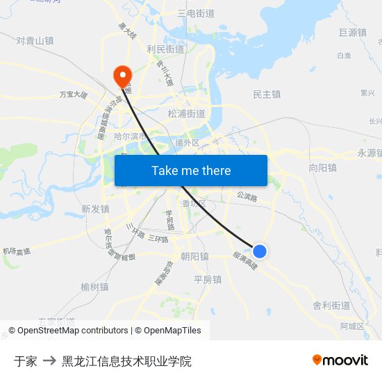 于家 to 黑龙江信息技术职业学院 map
