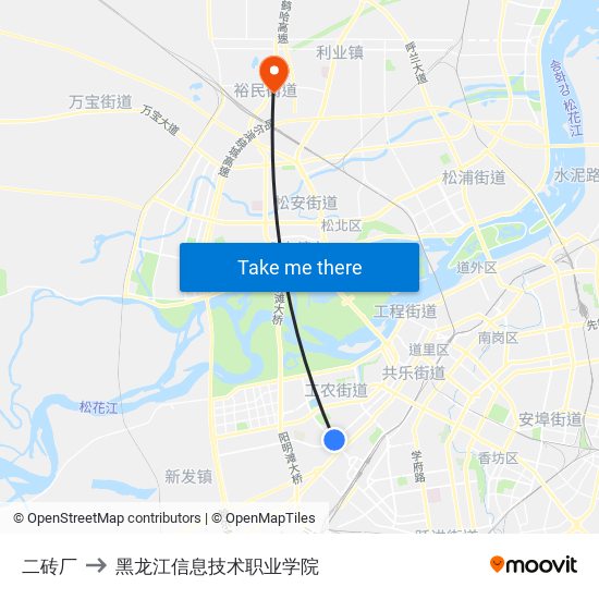 二砖厂 to 黑龙江信息技术职业学院 map