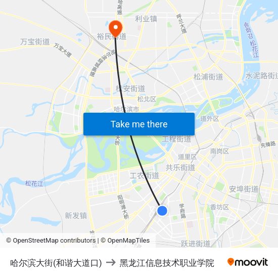 哈尔滨大街(和谐大道口) to 黑龙江信息技术职业学院 map