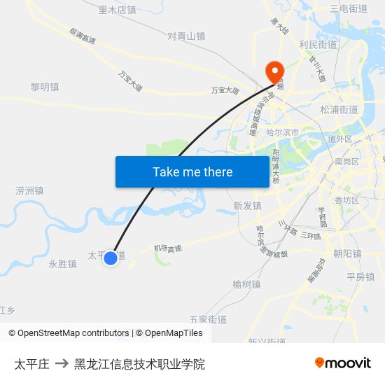 太平庄 to 黑龙江信息技术职业学院 map