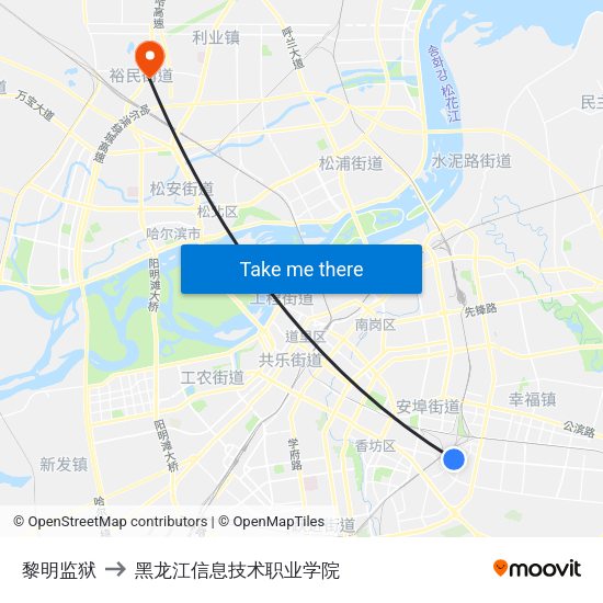 黎明监狱 to 黑龙江信息技术职业学院 map
